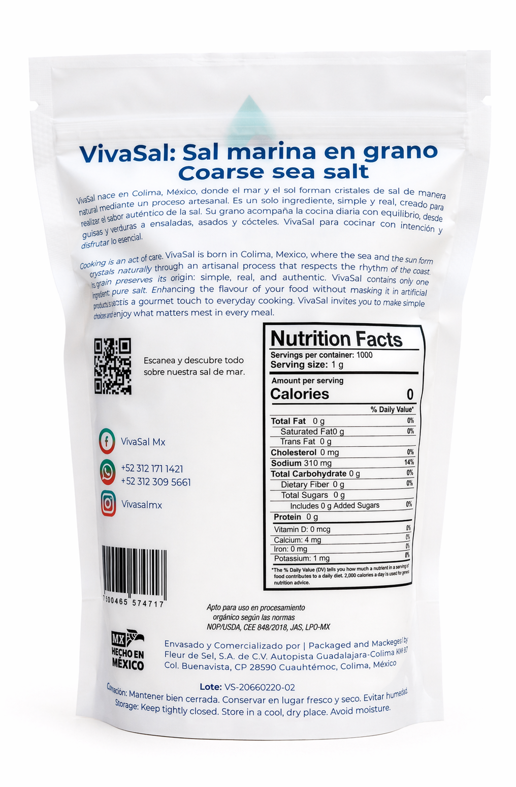 Sal de Mar en Grano 1 kg | Sal Marina Natural de Colima | VivaSal